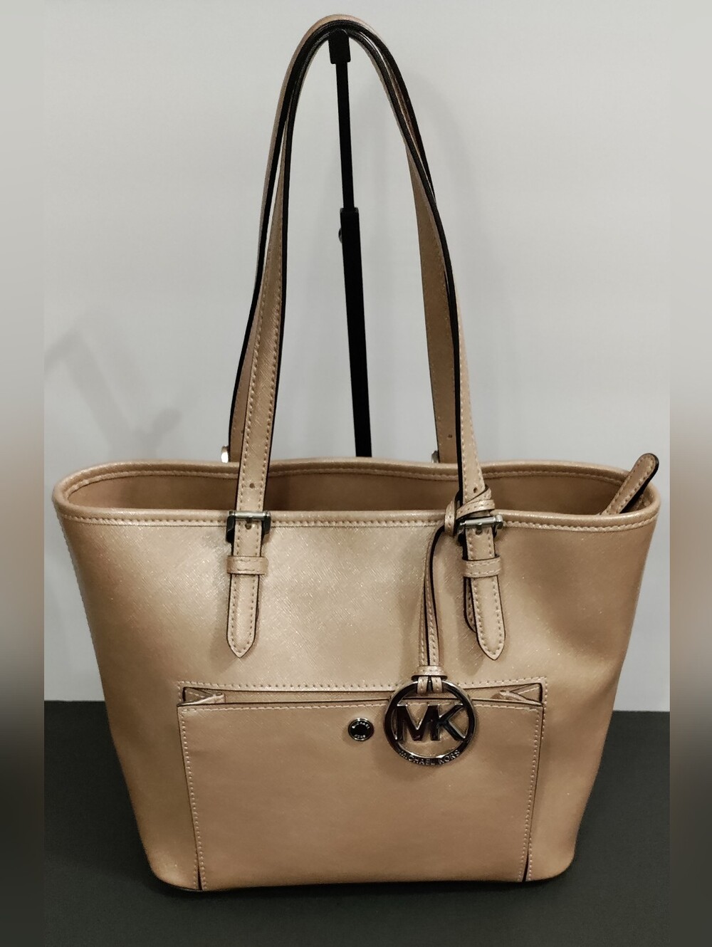 Michael Kors Metallic Gold Saffiano Leather Pocket Tote Shoulder Bag MK Charm